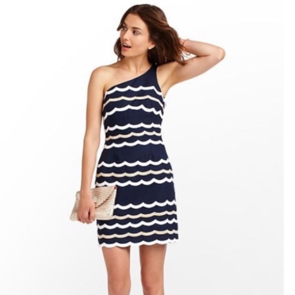 Lilly Pulitzer Navy Scallop One Shoulder Dress